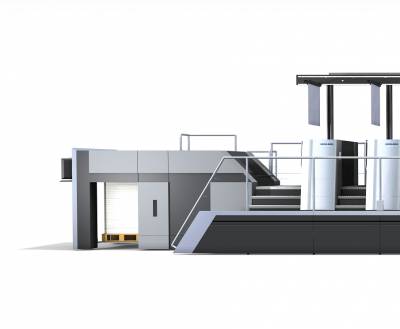 Nowy Speedmaster generacji drupa 2020 – na zdjciu omiokolorowa maszyna Speedmaster XL 106 z w peni zautomatyzowan logistyk pyt drukowych